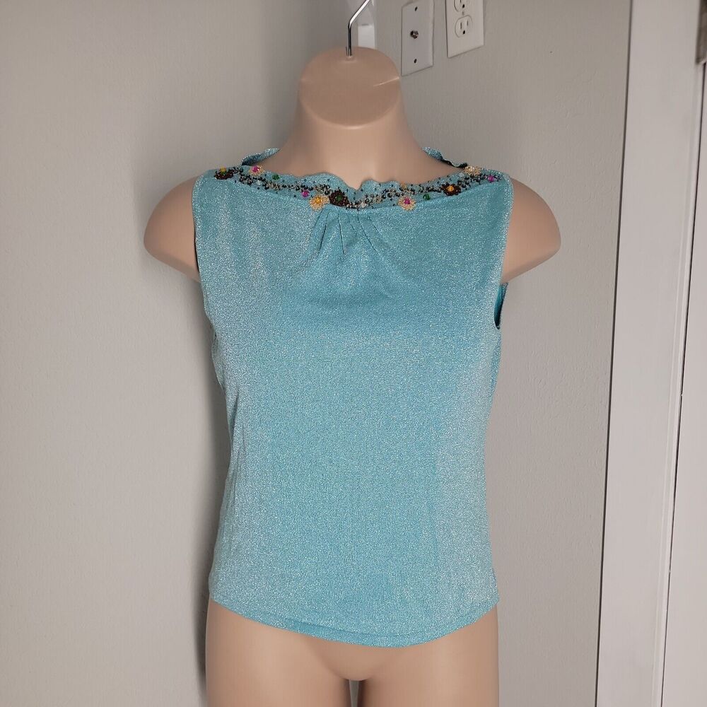 Maurice Sasson Beaded Blouse Shirt ~ Sz XL ~ Blue ~  Sleeveless